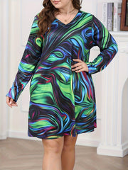  Abstract Print Long Sleeve V Neck Tee Dress