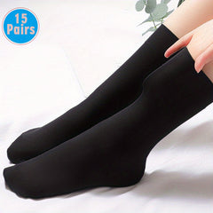 15 Pairs Women's Mid Tube Crew Socks Solid Color Comfortable Stocking