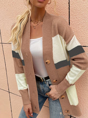  Colorblock Knit Cardigan Long Sleeve Stretch Sweater