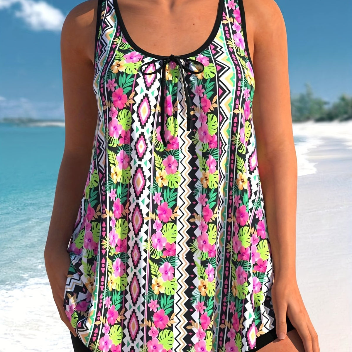  Vacay Tankini Set Floral & Geo Print Round Neck Tank Top & Shorts Swim