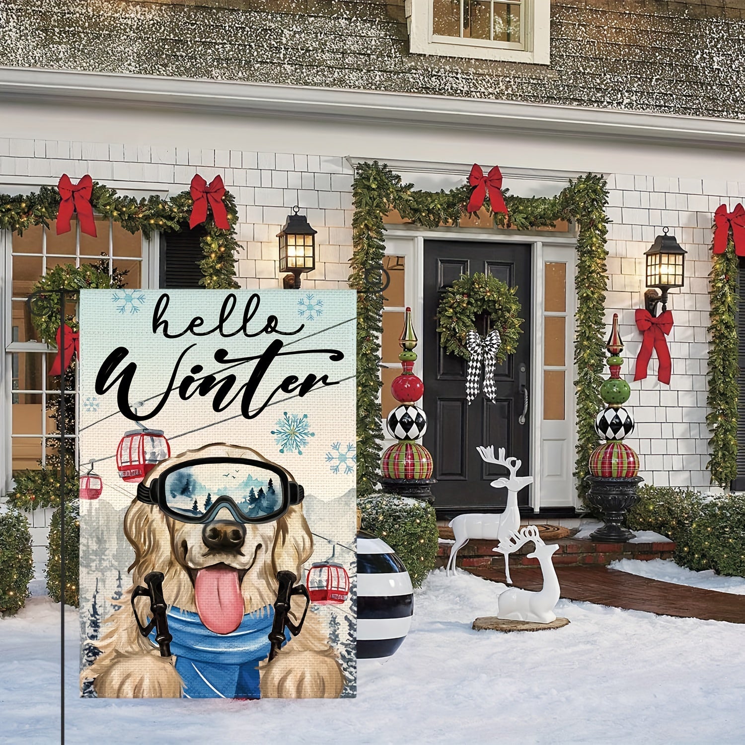 Hello Winter Dog Garden Flag Double Sided Snowflake Skiing Golden Retriever
