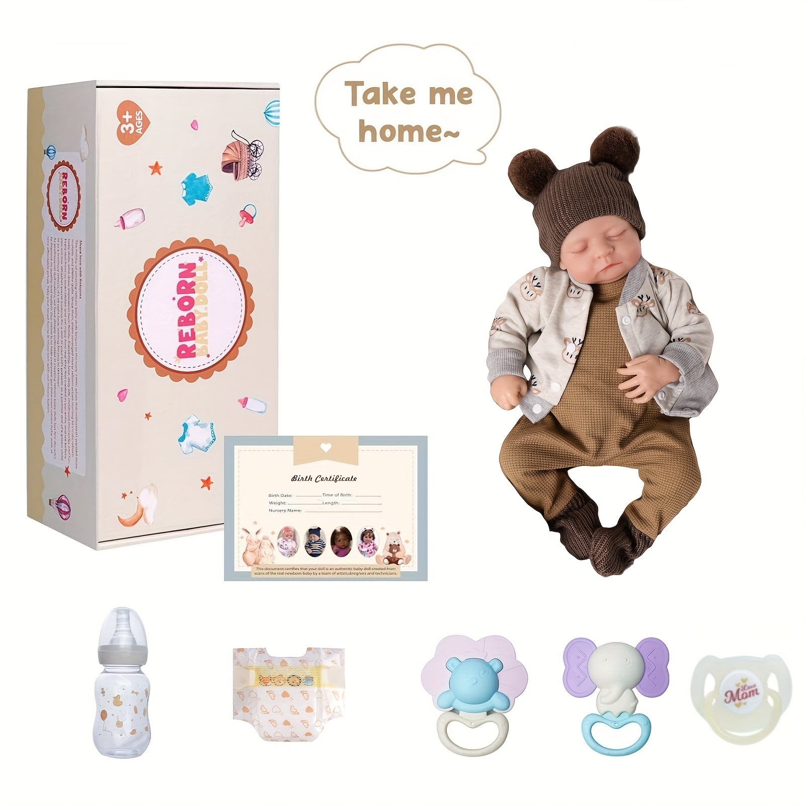 ADFO 20 Inch Reborn Baby Boy Doll with Gray Animal Print Outfit