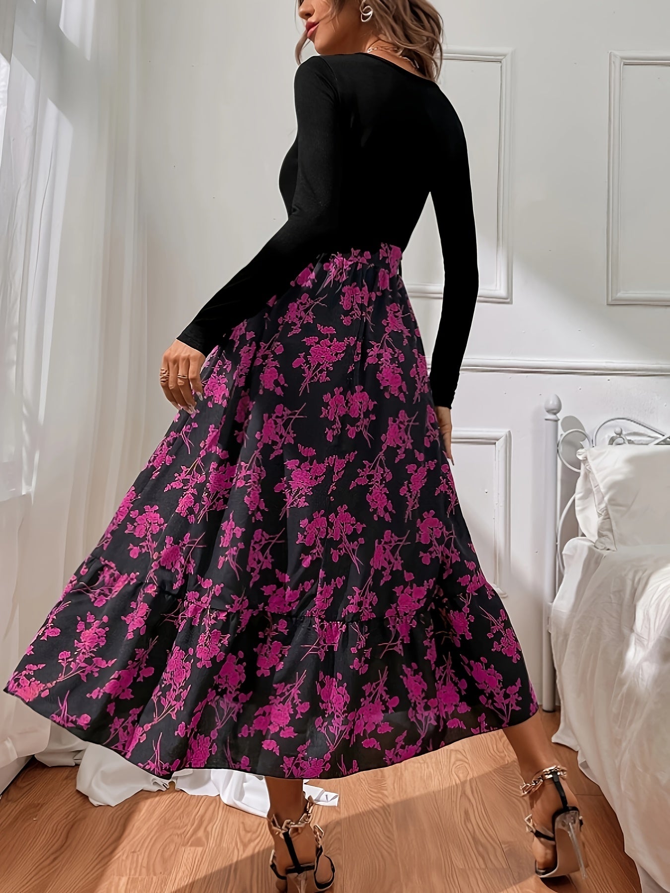  Colorblock Floral Long Sleeve Maxi Dress With Belt