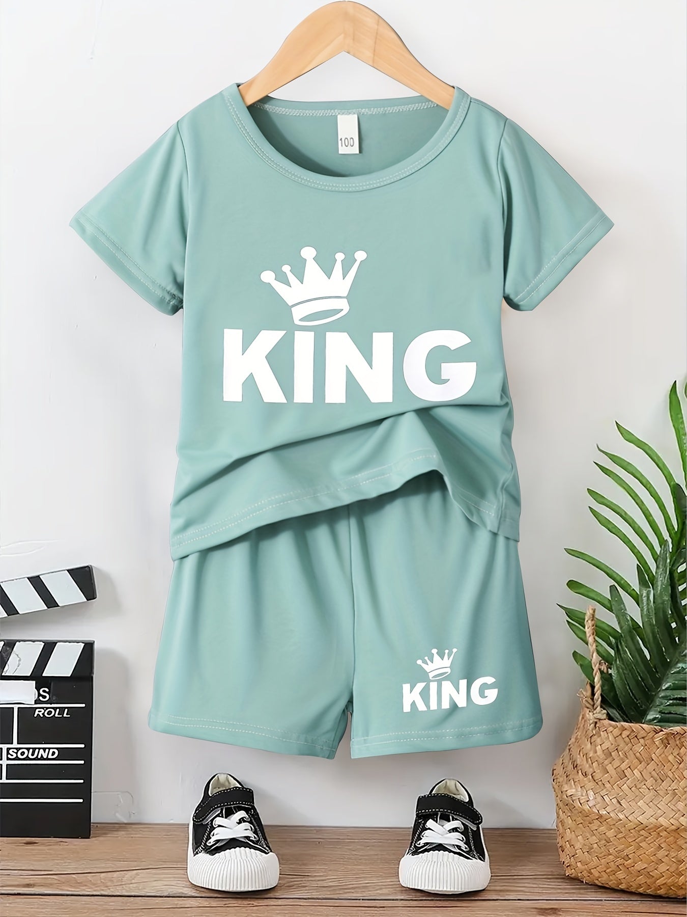 Boy's KING Crown Print T-shirt & Shorts Set for Summer