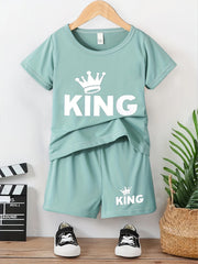 Boy's KING Crown Print T-shirt & Shorts Set for Summer