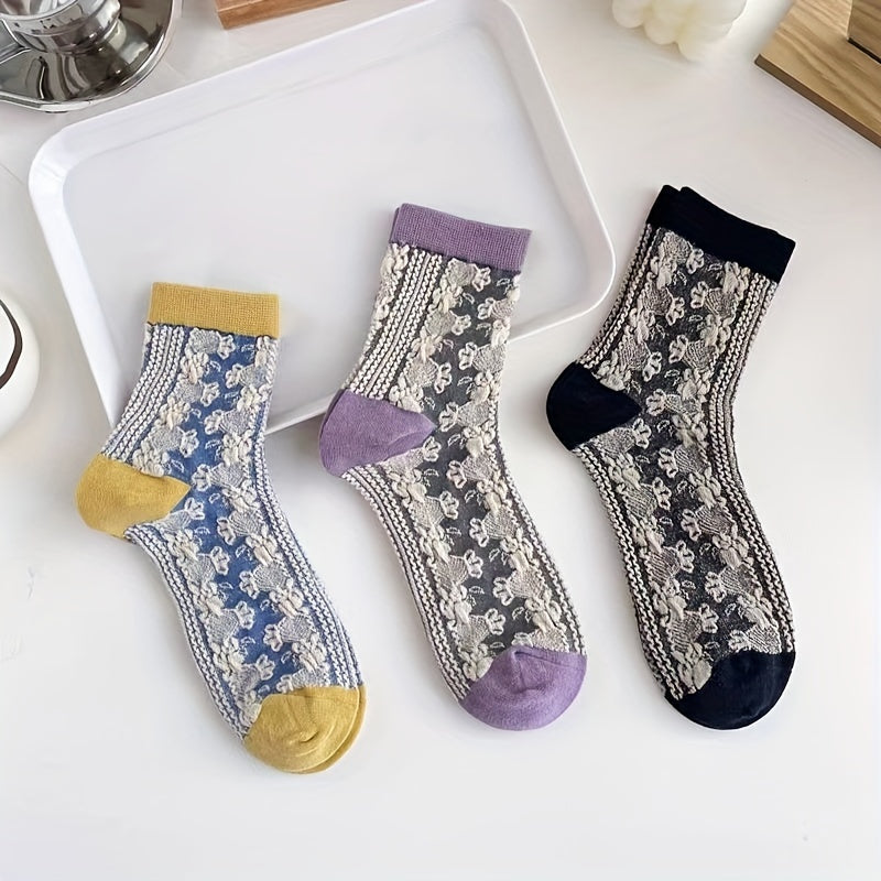 5 Pairs Floral Print Socks Retro Style Colorblock Stockings