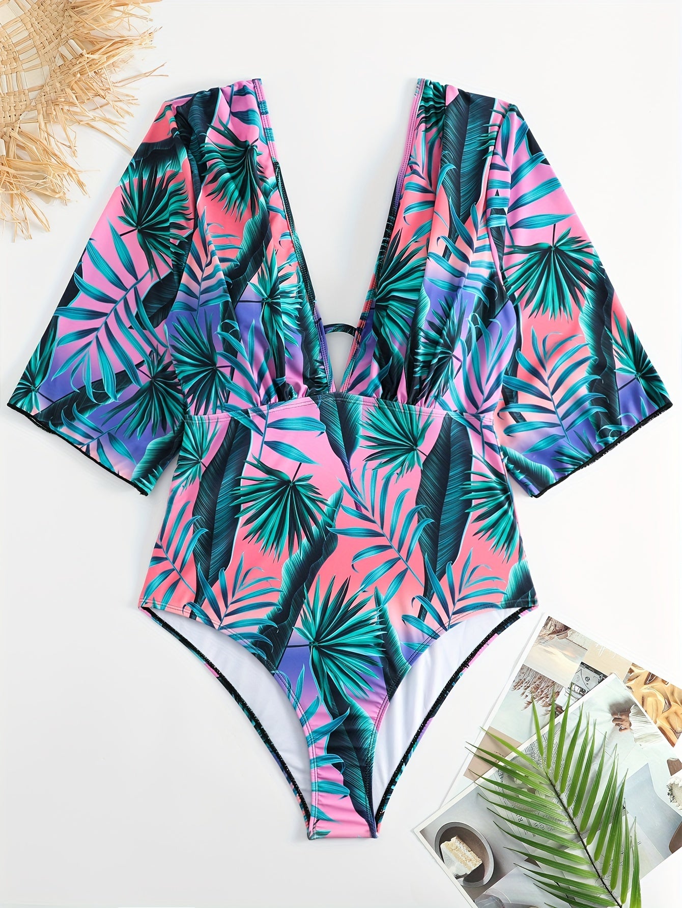  Boho Swimsuit Tropical Print Deep V Neck One Piece Bathing Suit