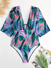  Boho Swimsuit Tropical Print Deep V Neck One Piece Bathing Suit