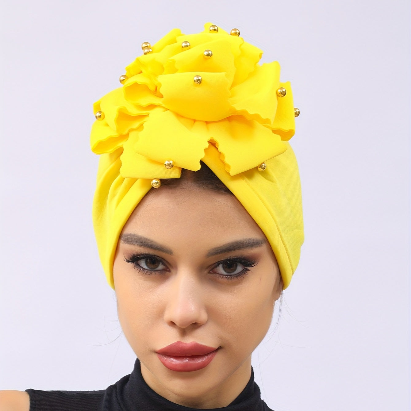 Yellow Flower Turban Cap Casual Head Wrap Breathable Hijab Elastic Chemo Cap