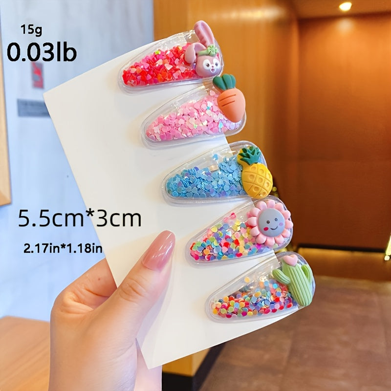 5pcs Girls Sweet Hair Clips Cartoon Sequin Transparent Hair Accessories
