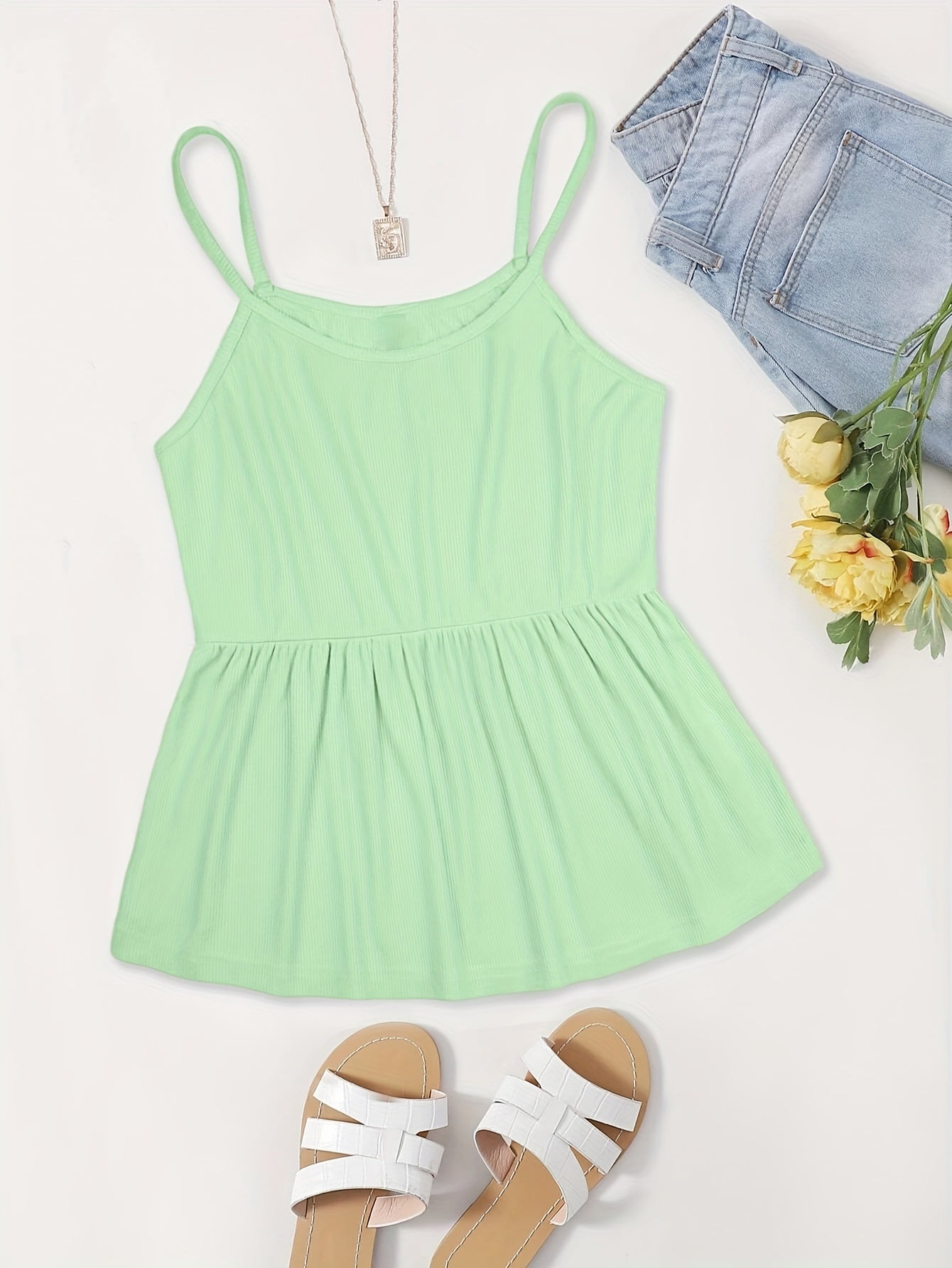  Casual Cami Top Solid Round Neck Slight Stretch