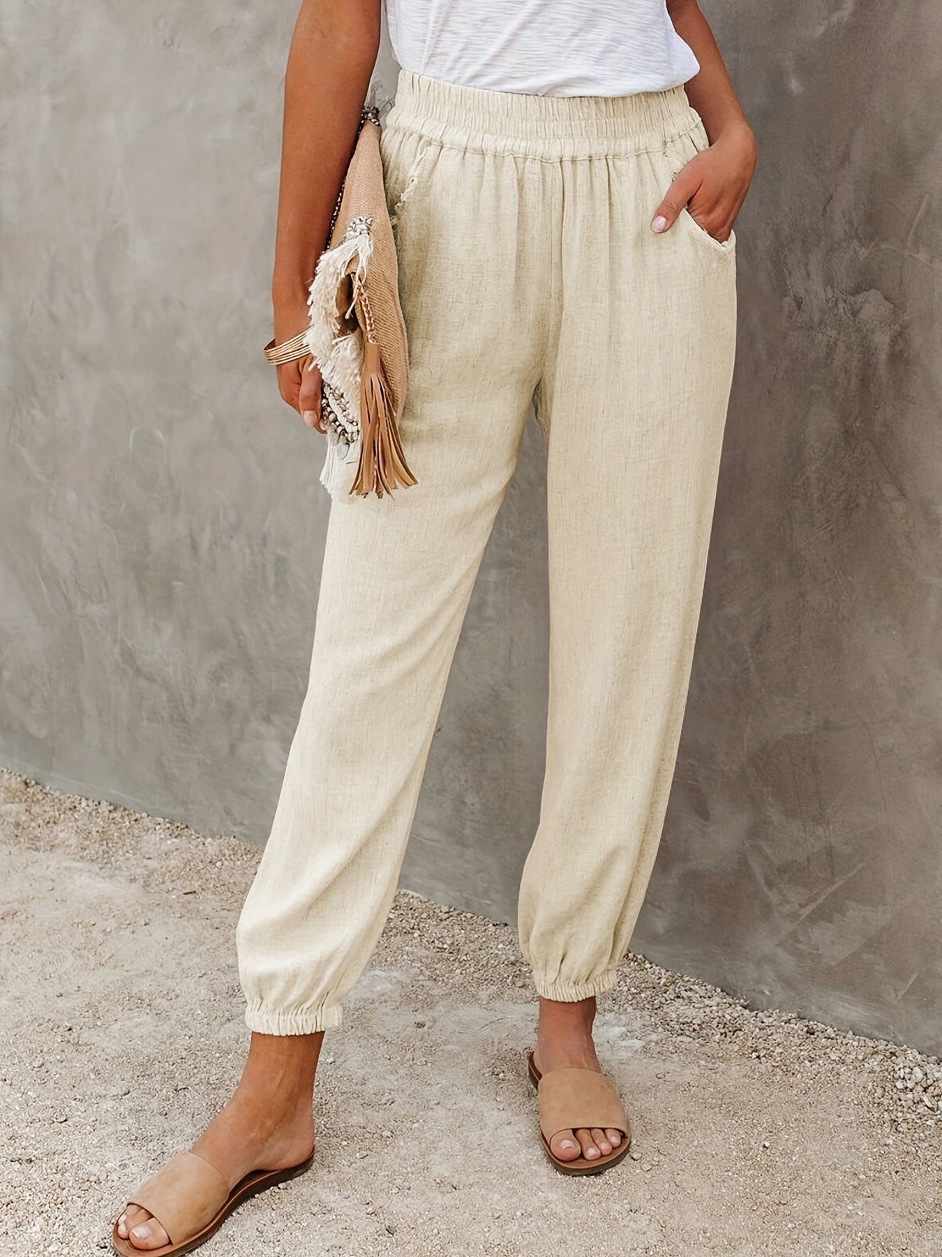  Solid Elastic High Rise Loose Fit Jogger Trousers With Pockets