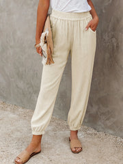  Solid Elastic High Rise Loose Fit Jogger Trousers With Pockets