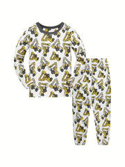 Boys Excavator Cotton Pajamas Set Long Sleeves Comfortable Homewear