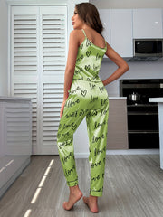Heart & Letter Print Pajama Set V Neck Cami Top & Lounge Pants