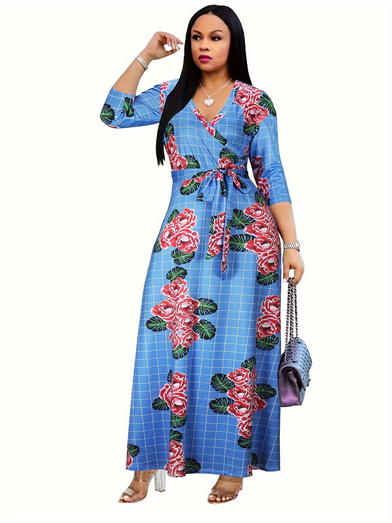  Floral & Grid Print Side Knot Sleeve Maxi Dress