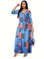  Floral & Grid Print Side Knot Sleeve Maxi Dress