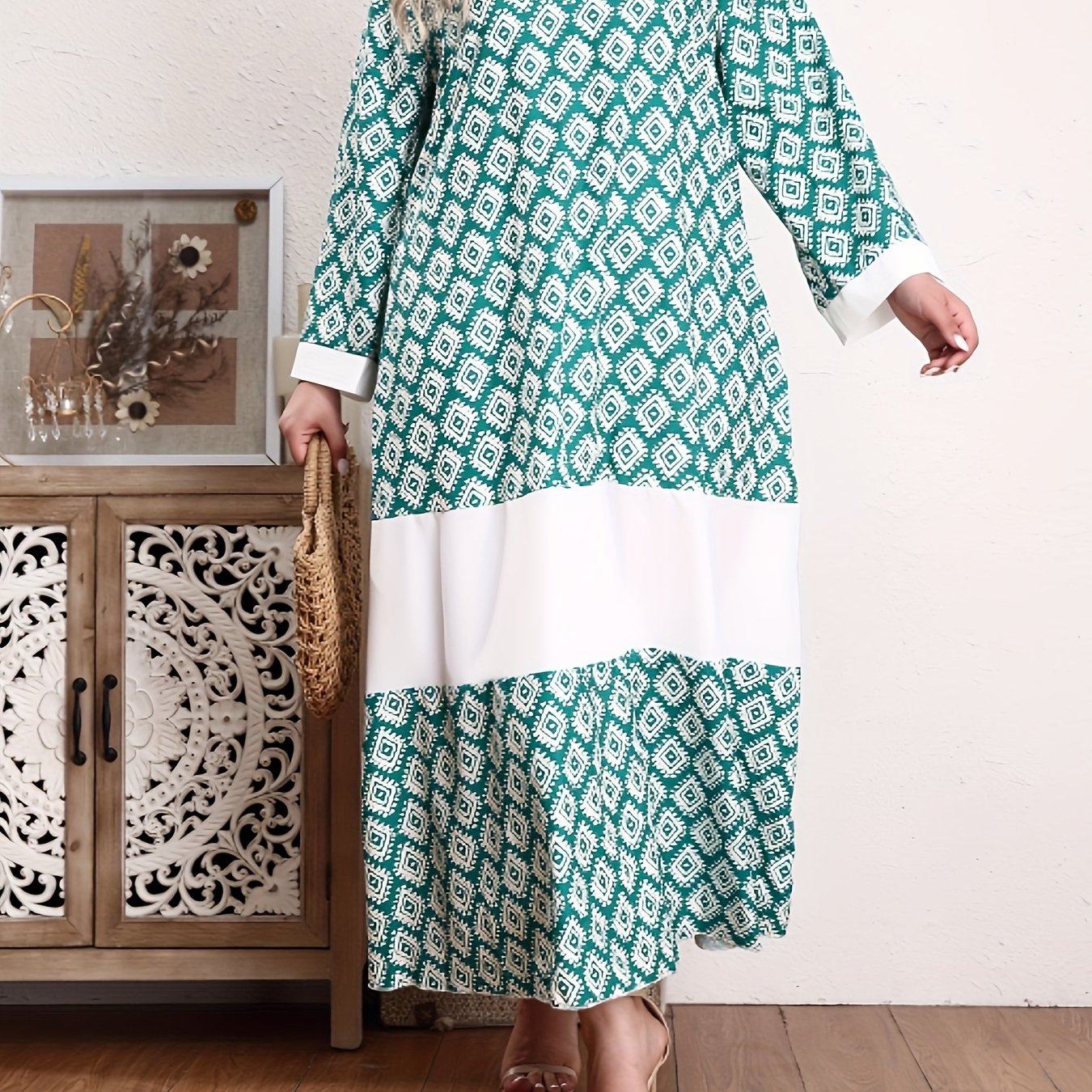  Abaya Dress Women's Plus Colorblock Argyle Print Long Sleeve V Neck