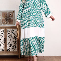  Abaya Dress Women's Plus Colorblock Argyle Print Long Sleeve V Neck