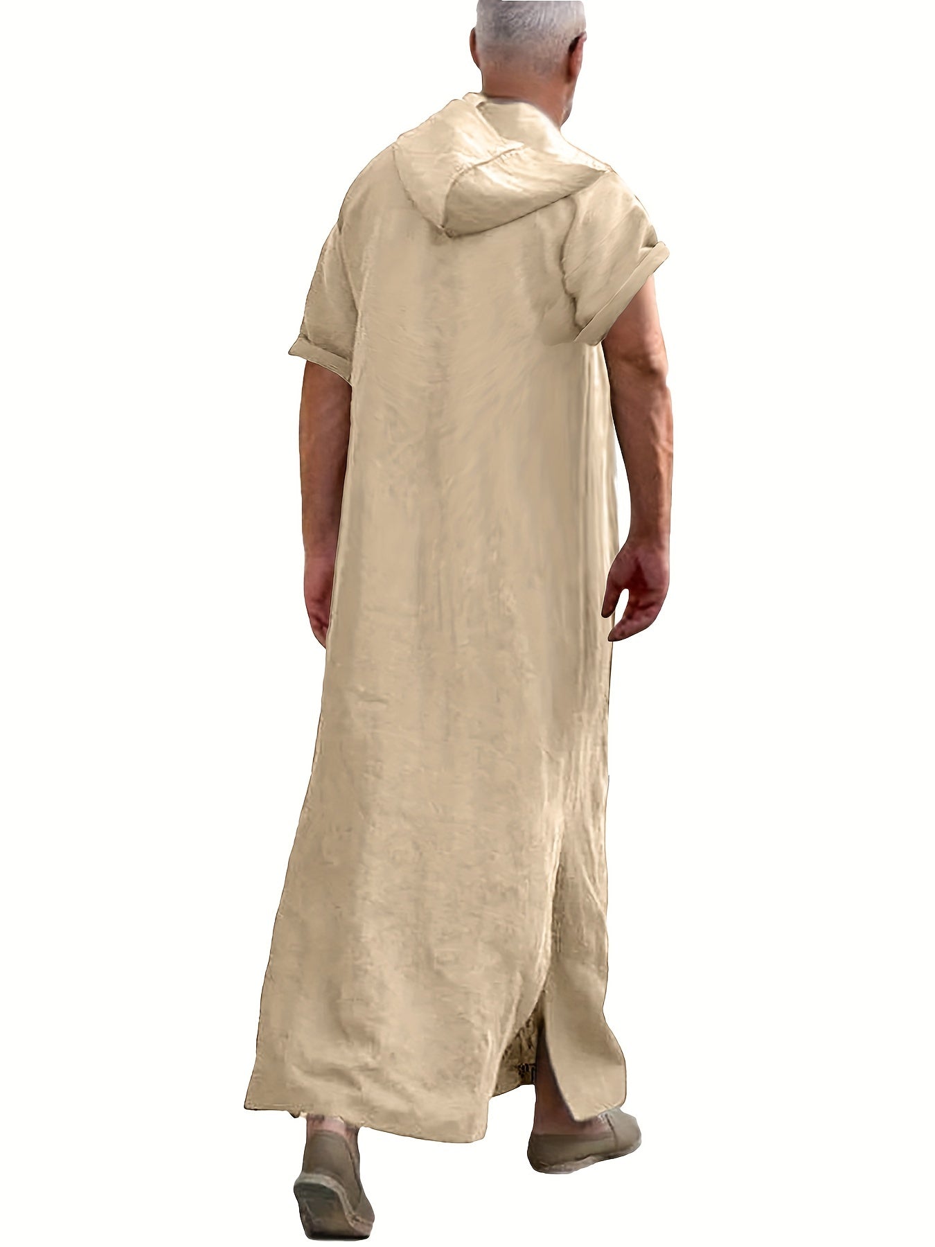 Vintage Islamic Arabic Kaftan For Men Short Sleeve Hooded V Neck Muslim Clothes