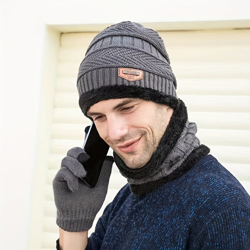Winter Beanie Hat Scarf Set Knitted Warm Thick Ear Protection Men Women