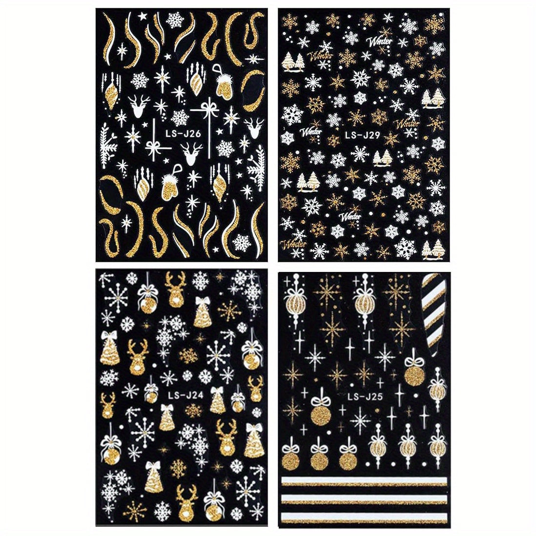 4 Vibrant Christmas Nail Art Stickers Golden Snowman Snowflake
