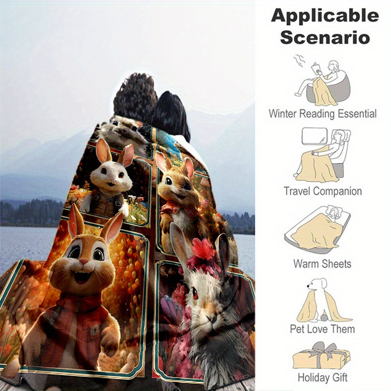 Cute Rabbit Print Blanket Lightweight Flannel Throw for Sofa Bed