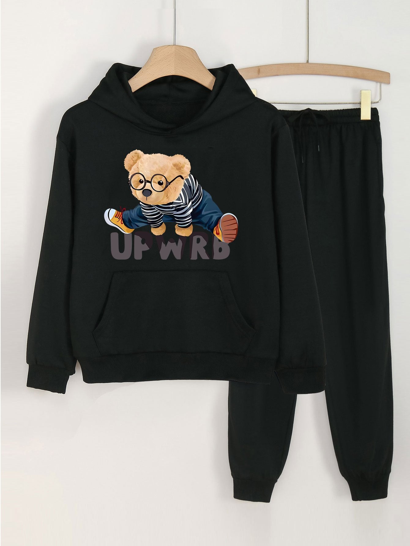 2pcs Dance Bear Graphic Hoodies And Jogger Pants Set For Girls