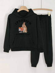 2pcs Bunny Graphic Hoodies with Jogger Pants Set for Girls