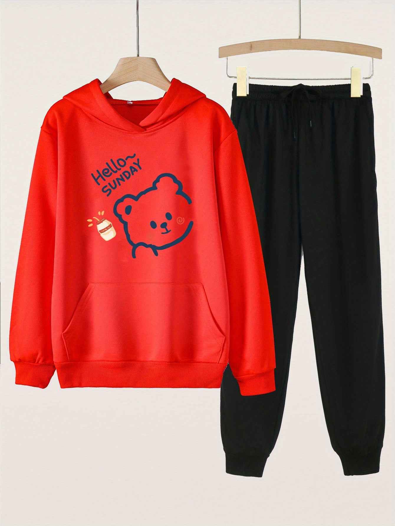 2pcs Sunday Bear Hoodies & Jogger Pants Set For Girls Spring Fall