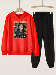 2pcs Girl's Photo Graphic Hoodies Set With Jogger Pants