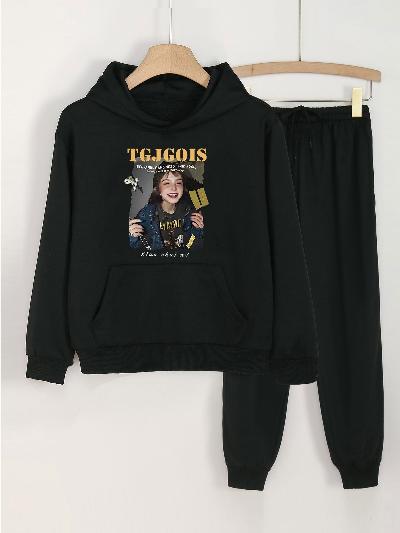 2pcs Girl's Photo Graphic Hoodies Set With Jogger Pants