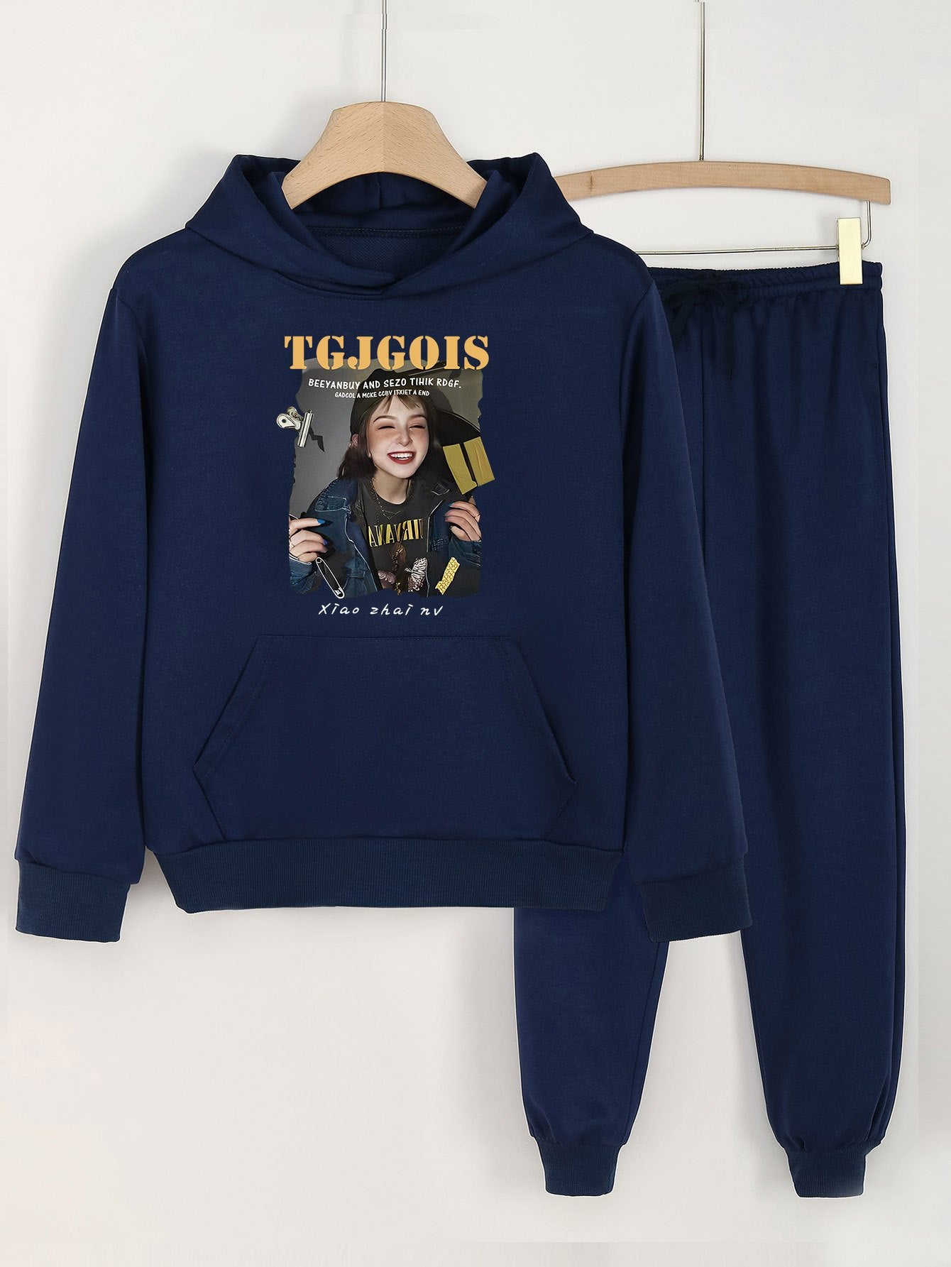 2pcs Girl's Photo Graphic Hoodies Set With Jogger Pants