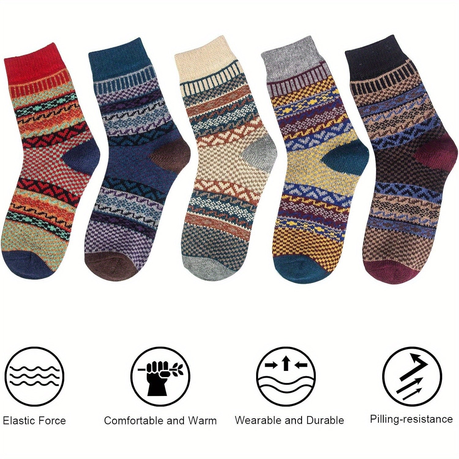 5 Pairs Wool Socks Winter Warm Cozy Soft Crew Socks Men Women Christmas Gift