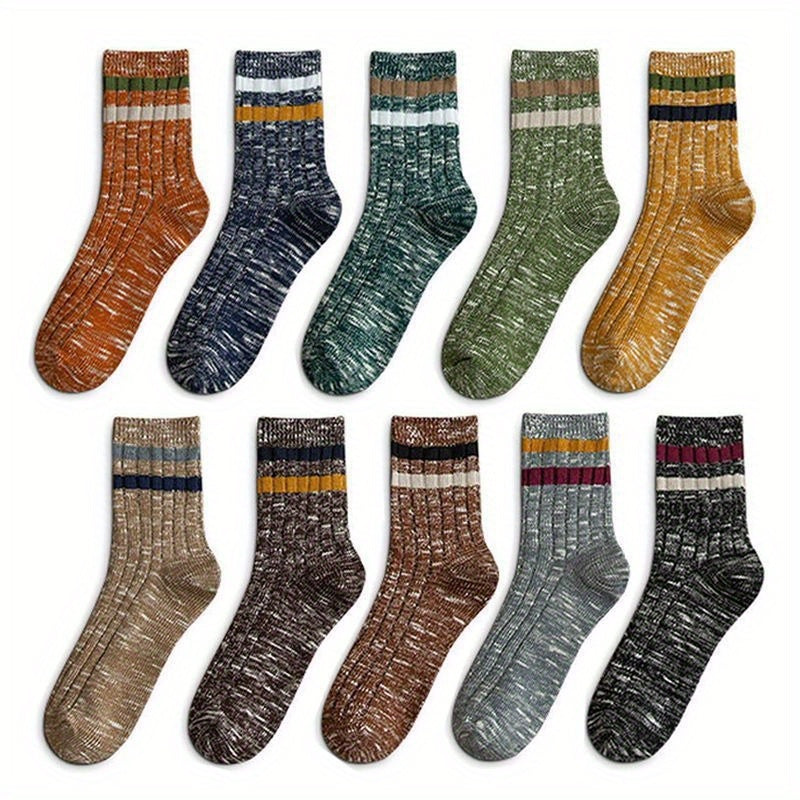 10 Pairs Men's Striped Crew Socks Comfy Casual Unisex Outdoor All Seasons