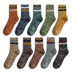 10 Pairs Men's Striped Crew Socks Comfy Casual Unisex Outdoor All Seasons