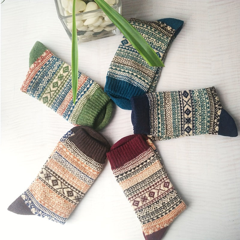 Teen's Ethnic Stripe Crew Socks Warm Thermal Comfy Unisex Outdoor Wear