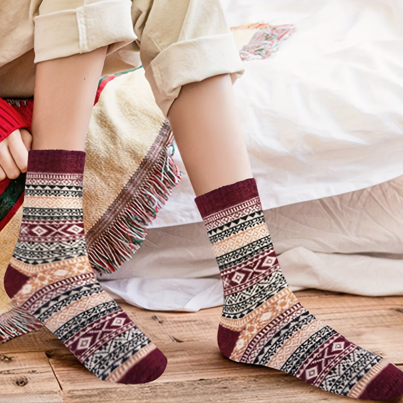 Teen's Ethnic Stripe Crew Socks Warm Thermal Comfy Unisex Outdoor Wear