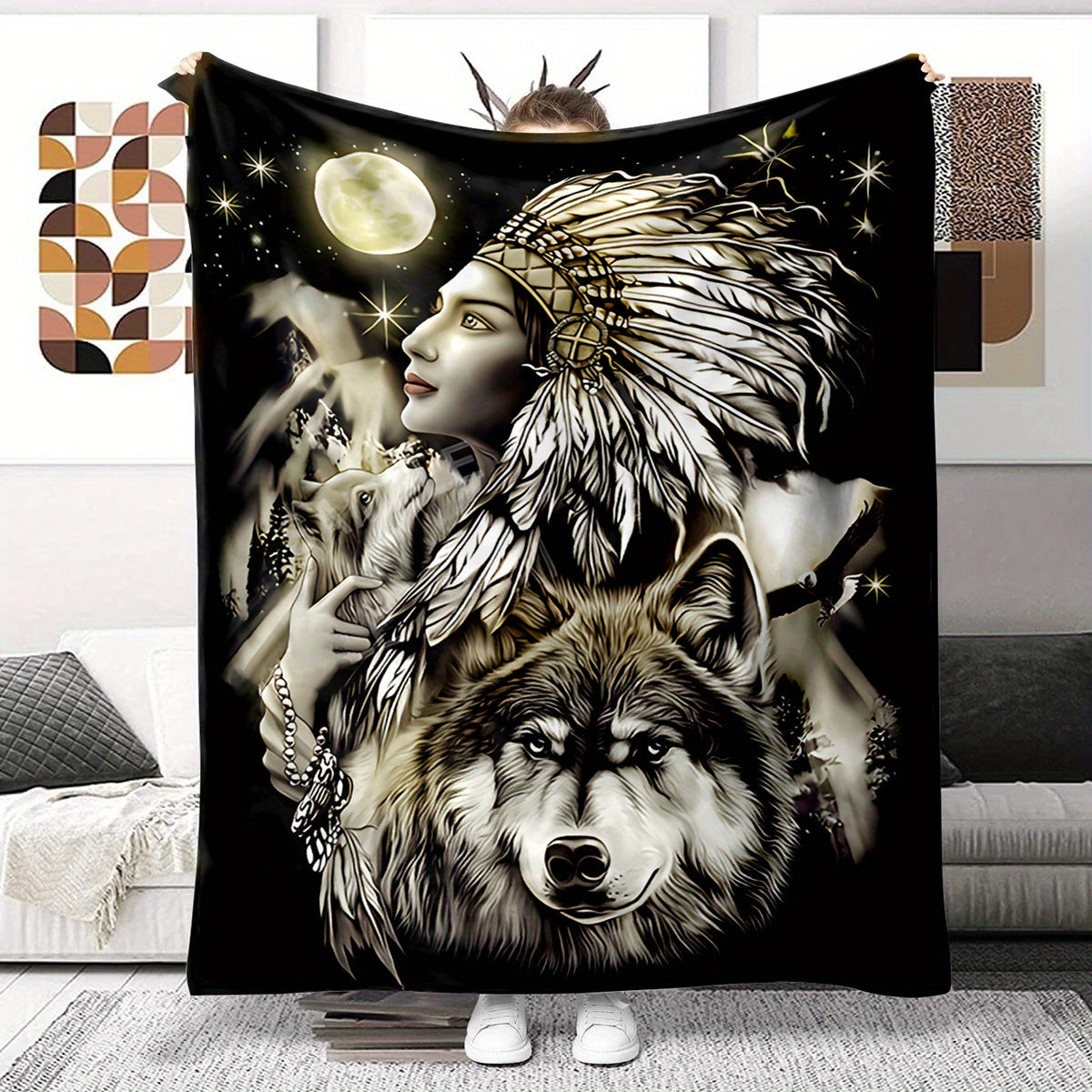 Indian Wolf Pattern Blanket Quilt Cover Travel Bedding Outlet Throw Blanket