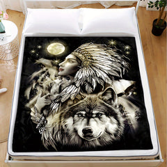 Indian Wolf Pattern Blanket Quilt Cover Travel Bedding Outlet Throw Blanket