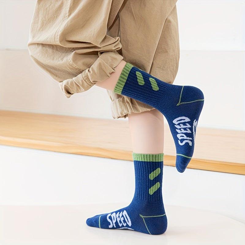 5 Pairs Kids Sports Socks, Letters Print, Sweat Absorption, Comfortable