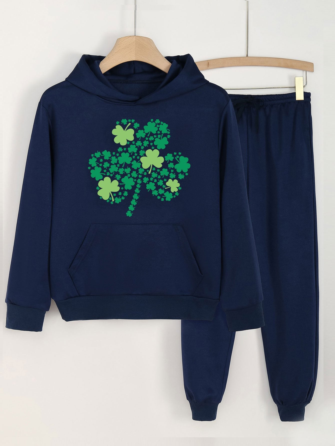 Clover Graphic Girls Hoodie Jogger Pants Set for Spring Fall