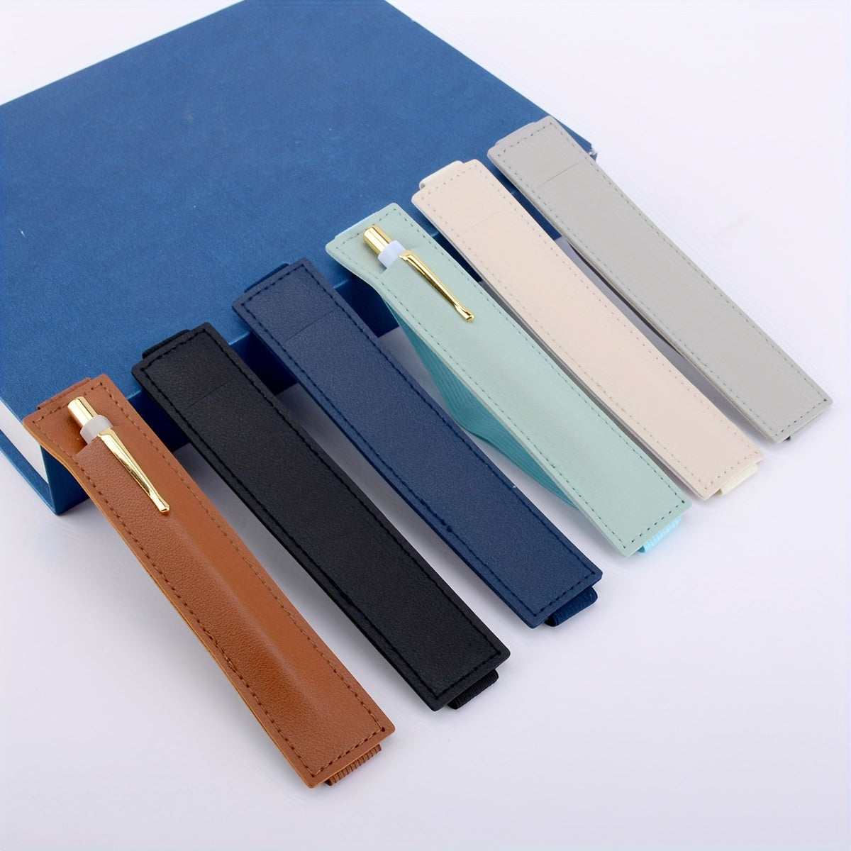 1pc Plain Notebook Pen Cover Pen Holder Pu Single Storage Elastic With Pen Bag