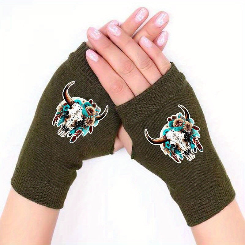 Retro Knit Fingerless Gloves with Cow Skull Pattern for Winter