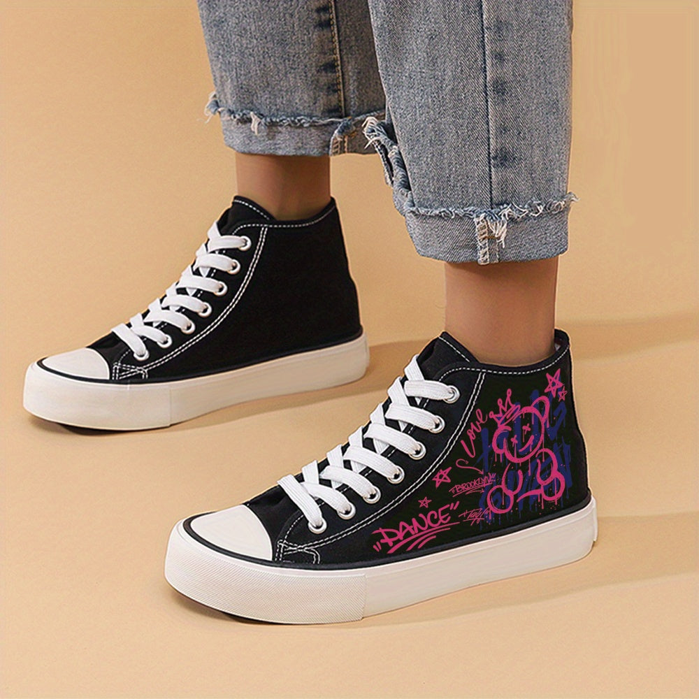 Graffiti Bear Print Chunky Canvas Sneakers High Top Skate Shoes