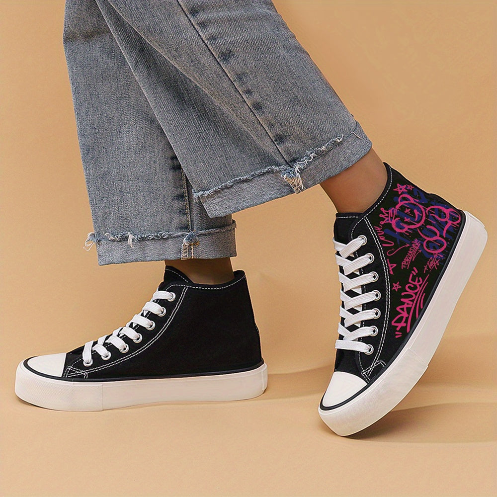 Graffiti Bear Print Chunky Canvas Sneakers High Top Skate Shoes