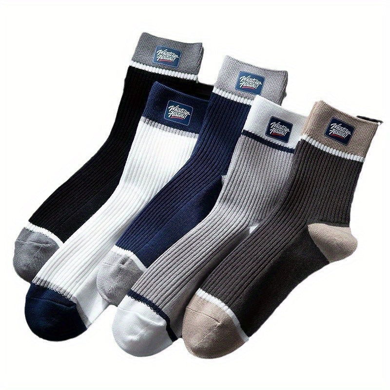 5 Pairs Men's Block Crew Socks Comfy Casual Unisex Outdoor All Seasons