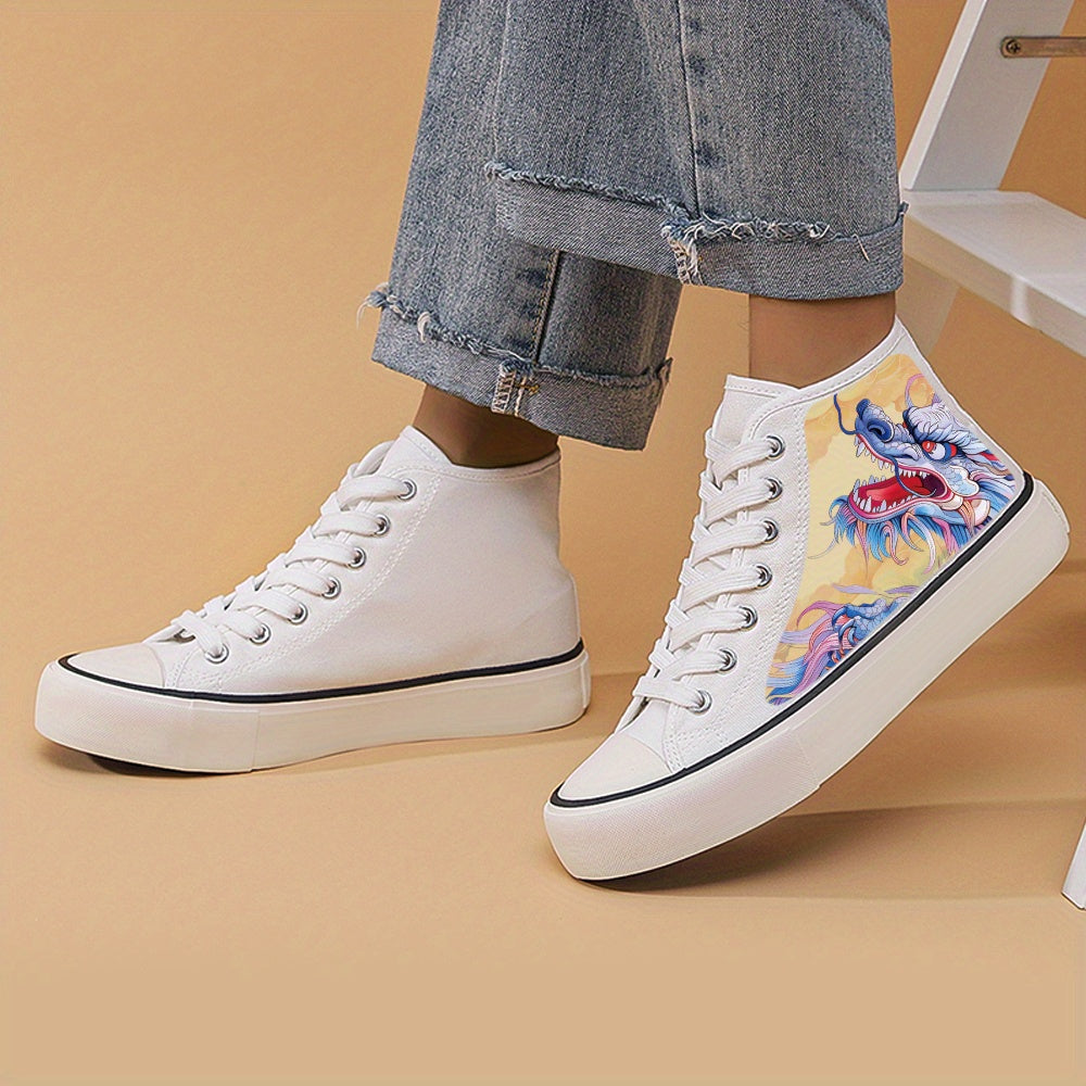 Dragon Print Chunky Canvas Sneakers High Top Skate Shoes