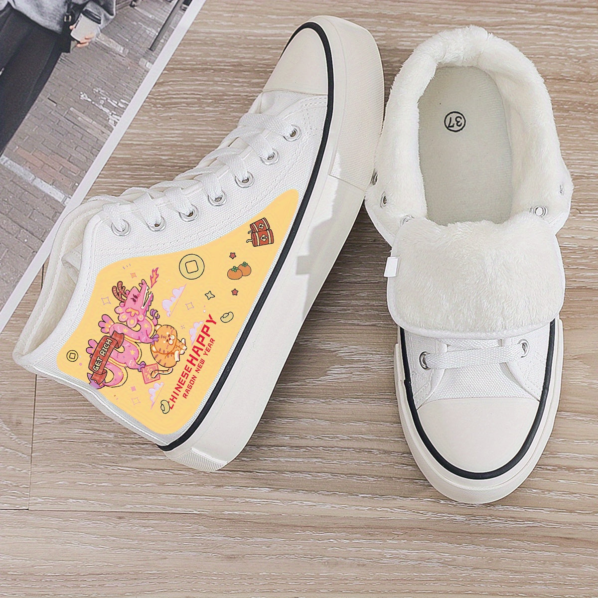 Dragon Print Plush Lined Thermal Chunky Canvas Sneakers