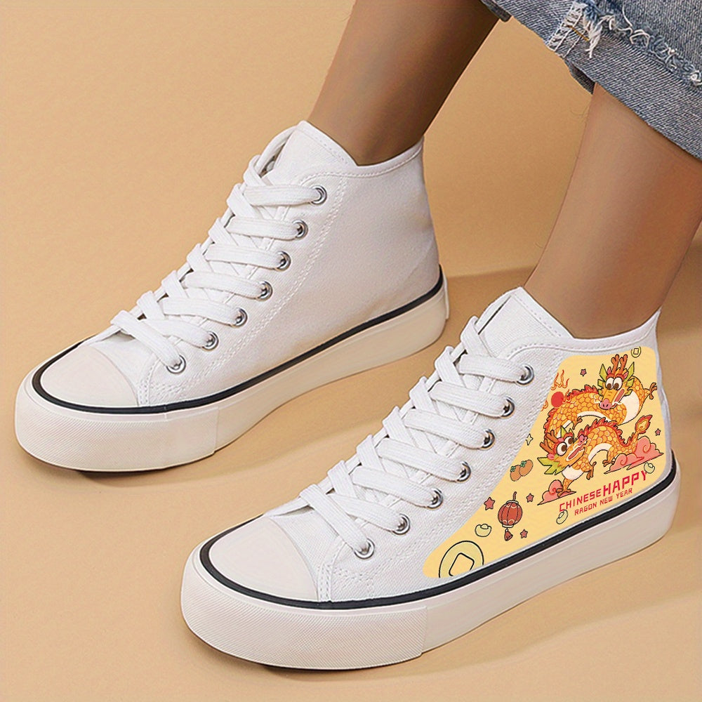 Dragon Print Chunky Canvas Sneakers High Top Skate Shoes